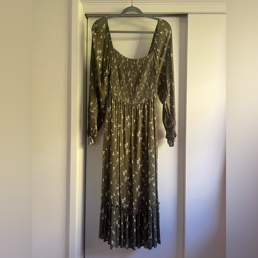 Promesa Smocked Floral Maxi Dress, Olive Green, size M